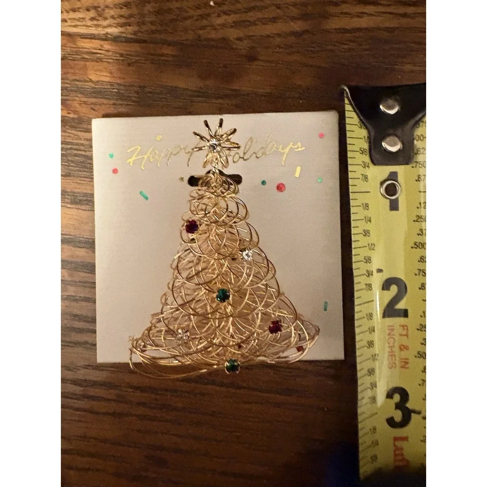 Vintage gold-tone Spaghetti wire Christmas tree brooch w/ rhinestone Ornaments